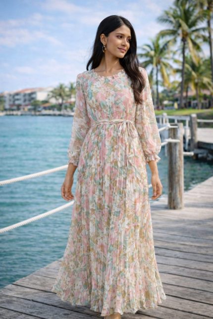Pastel Printed Pleated Maxi