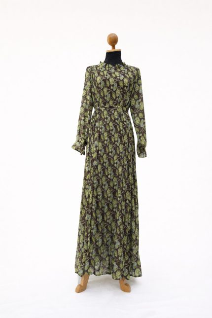 Green Leaf Printed Pleated Maxi