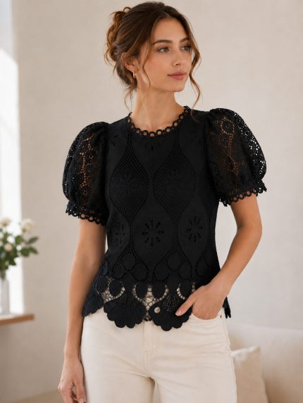 Round Neck Puff Sleeve Black Top