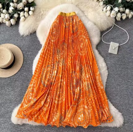 Printed Pleated Skirt Orange